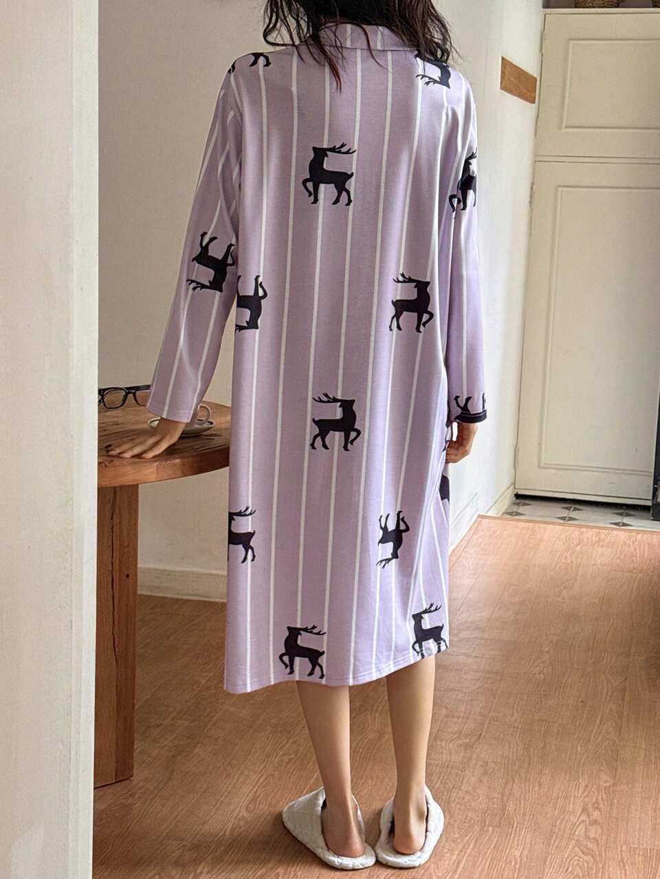 Deer Striped Pattern Loose Women Sleepwear Robe