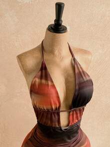 Soleia Women Mini Dress,All Shades Of Brown,Summer,Boho,Vacation,Holiday Halter Tie Bow Hollow Out Backless Tie Dye Elegant Party Wedding Dinner Sunset Dress - Multicolor - View 3