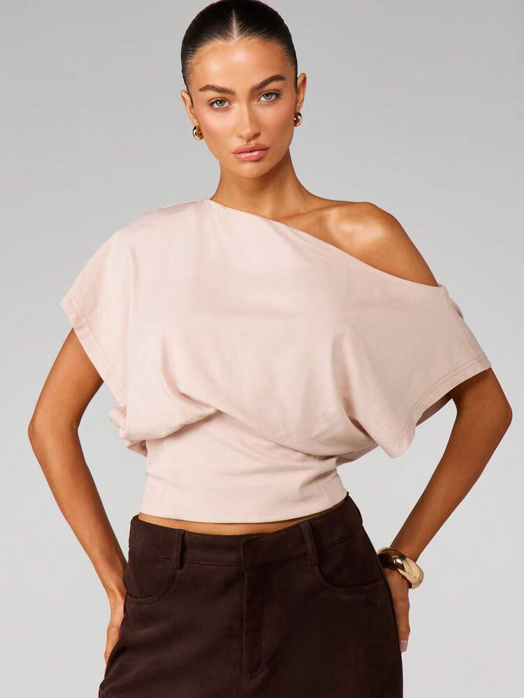 MISSGUIDED Blusa com um ombro, manga curta, cintura marcada e barra com acabamento em ribana