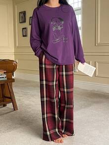 DAZY Dog Print Loose T-Shirt Top & Plaid Loose Pajama Pants Women Sleepwear Set - Purple - View 6