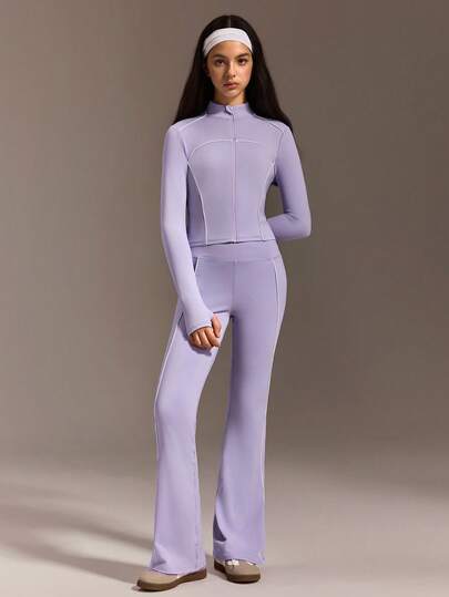 SHEIN Teen Girls 2pcs Outfit - Knit Solid Color Contrast Stripe Sporty Jacket And Slim Flare Pants, Casual Fashion School Style Homecoming Athleisure Young Student Clothing, Light Purple Set