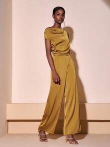 Zivah 2026 Spring/Summer New Music Festival, Western Style, Nomadic Style, Birthday Party, Graduation Season, College Style, Student Wear, Daily Outings, All-Match Versatile, Casual, Vacation, Cruise Travel, Beach, Sunbathing, Viral Hits, Streetwear, Birthday Outfit, Halloween Costumes, Wedding Guest Bohemian Style, Boho, Brunch Outfit, Business Casual Woman, Airport Outfit, Party, Holiday Outings, Elegant Banquet, Gold Asymmetric Ruched Waist Shiny Textured Fabric Jumpsuit - Yellow - View 2