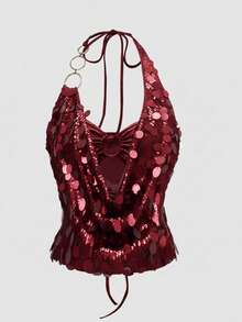 ROMWE Avant Bộ đồ hai mảnh gợi cảm phong cách Y2K gồm áo crop top cổ yếm đính sequin và chân váy mini cạp thấp dành cho nữ, thích hợp dự tiệc. - Màu Đỏ Sâu - Xem 3