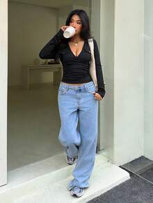 Flirla 女士秋季休闲V领褶皱领长袖修身T恤 - 黑色 - 查看 3