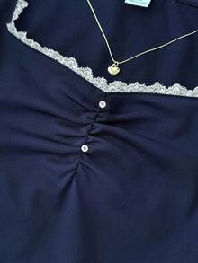 Teen Girls' Blue Knit Ruched Bust Lace Trim Fitted Long Sleeve Casual T-Shirt Cute Tops - Navy Blue - View 5