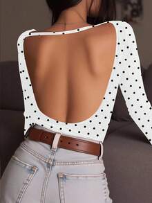 INAWLY Tricou damă cu buline, spate gol, mânecă lungă, guler tip barcă, ajustat - Multicolor - Vizualizare 1