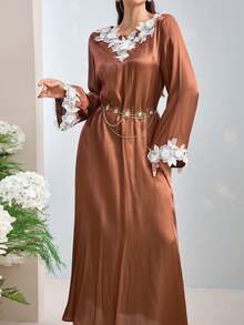 Al Najma Women's Elegant Long Sleeve Turkish Kaftan & Arabic Traditional Maxi Dress - Brown - View 1