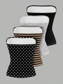 SHEIN EZwear 4pcs Women's Retro Polka Dot, Stripe, Floral Romantic Elegant Solid Print Pattern Versatile Comfortable Casual Sexy Camisole Tops, Family Pack, Matching Sister Set, Chic, Suitable For Outings, Parties, Dates, Y2K,Polka Dot Top Spring - Multicolor - View 2