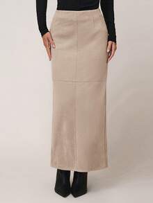 COSMINA Women's Elegant Solid Color Slit Straight Skirt For Commuting, Autumn - Apricot - View 4