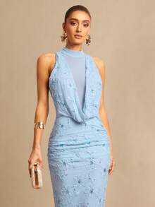 Silquee 网纱高领蓝色花卉刺绣串珠紧身连衣裙 - 藍色 - 查看 4