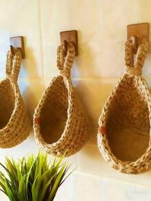 1PC Bohemian Style Woven Wall Hanging Basket Teardrop Shape Storage For Kitchen Fruits Vegetables Home Decor Organizer Decorative Plant Holder - Khaki - View 4