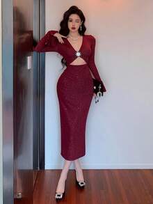 DAZY 女士亮片V领优雅时尚水钻搭扣装饰性感镂空休闲长裙情人节吊带裙 - 酒紅色 - 查看 3