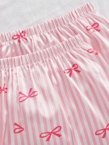 Girls Pajamas Set, Includes Striped Robe, Camisole, And Shorts, Minimalist Pink With Bow Print, For Big Tween Girl Bows Design Pajamas - Multicolor - View 7
