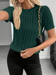 Blogger-Inspired Twist Rope Decor Round Neck Knit Sweater, Versatile For Autumn/Winter - Dark Green - View 3