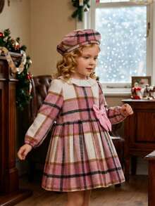 Souflis Set 2 buc. Litter Girl toamnă-iarnă casual și preppy costum stil nou, rochie în carouri și pălărie - Roz - Vizualizare 9