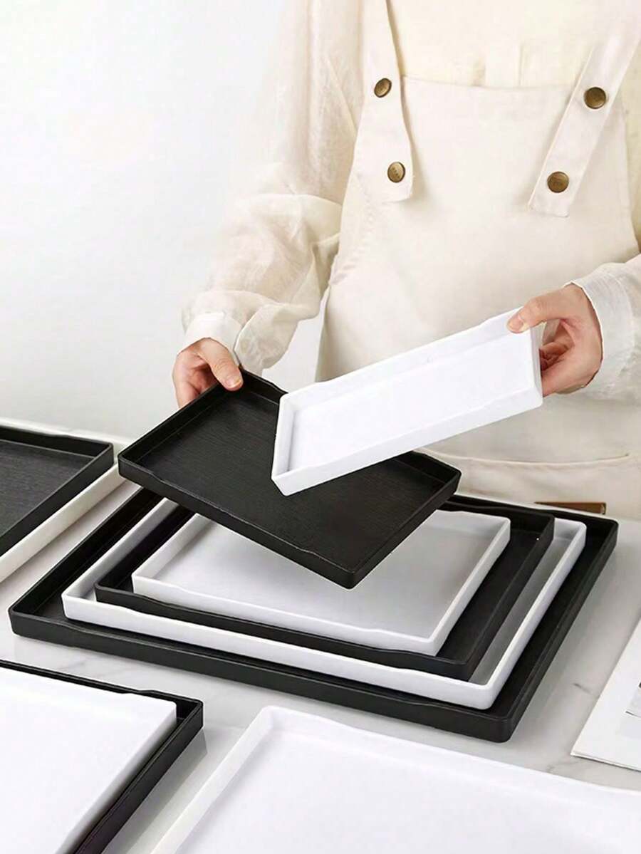 1pc, Simple Plastic Black And White Imitation Wood Grain Bottom Anti Slip Square Tray, Hotel Tea Cup, Towel Rectangular Tray, Cup, Hotel, Room Toiletries Storage - Multicolor - View 1