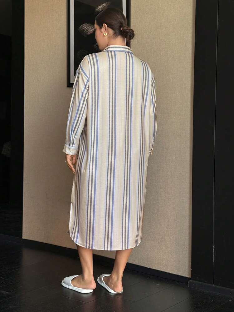 Dazy Plus Plus Size Women Striped Lapel Casual Loose Long Sleeve Nightgown, Spring/Autumn