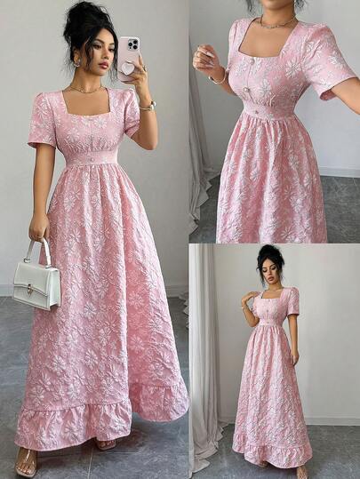 Elenzga Women's Spring/Summer New Elegant Romantic Minimalist All-Match Versatile Valentine's Day Style High-Quality Jacquard Fabric Pink Puff Sleeve Square Neck Waist Cinched A-Line Maxi Dress