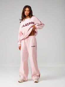 Missguided x Playboy 品牌抽绳腰阔腿慢跑裤，侧边条纹细节，弹性裤脚，休闲日常穿着舒适 - 粉色 - 查看 5