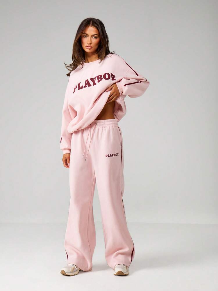 Missguided x Playboy Branded Drawstring Waist Wide Leg Joggers With Side Stripe Detail And Elastic Cuffs For Casual Everyday Comfort