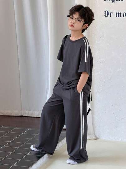 DAZY 青少年男童条纹圆领短袖T恤和裤子休闲宽松套装