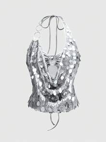 ROMWE Avant Bộ đồ hai mảnh gợi cảm phong cách Y2K dành cho nữ: áo crop top cổ yếm đính sequin và chân váy cạp trễ. - Bạc - Xem 3