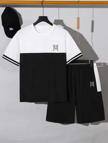 Vacaura 2pcs/Set Teens' Casual Patchwork Round Neck T-Shirt And Shorts Set, Versatile For Daily Wear And Outdoor, Summer - Black and White - View 3