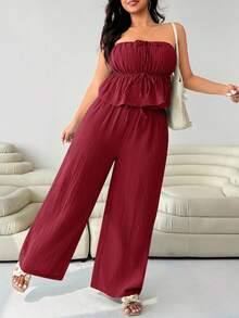 SHEIN EZwear 大码新款女士日常两件套，酒红色亚麻吊带背心，适合度假穿着 - 酒紅色 - 查看 7