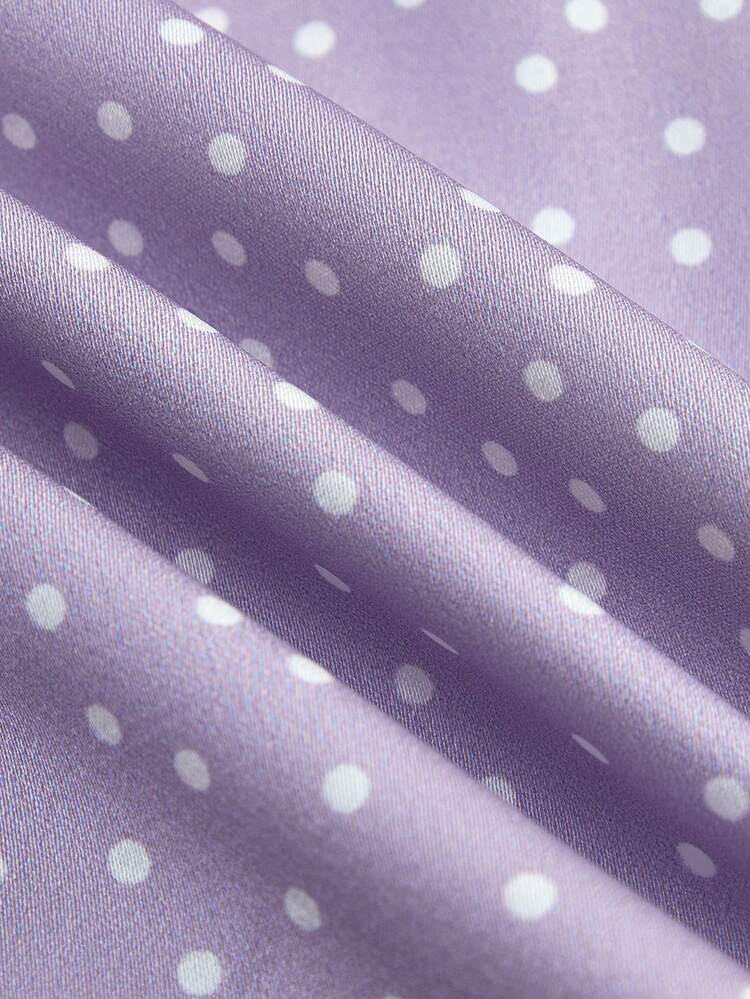 Lilac Satin Mini Polka Dot Print Short Sleeve Top With Lace Trim Cute Vintage Style Party Purple Top  Spring  French Style Clothes