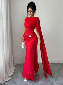 Elenzga Women's Elegant Ruched Metal Decor Party Dress, Sleeveless A-Line Cocktail Gown, Red, Spring/Summer - Fiery Red - View 4