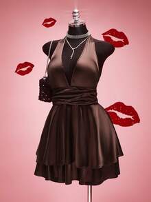 SHEIN ICON 大码女士缎面深V领吊带连衣裙，棕色 - 棕色 - 查看 3
