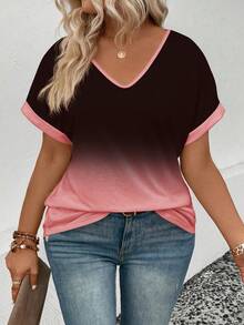 EMERY ROSE Plus Size V-Neck Flipped Cuff Front & Back Ombre Print Digital Printed T-Shirt, Fashionable Casual - Multicolor - View 6