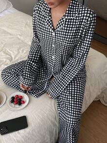 Bubble Textured Plaid Collar Cardigan & Pants Pajama Set - Multicolor - View 4