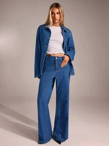 SHEIN Forever 21 秋冬季万圣节圣诞节新年单排扣牛仔上衣/外套/牛仔裤/蓝色水洗低腰宽松阔腿牛仔牛仔裤/牛仔两件套 - 中等水洗藍 - 查看 7