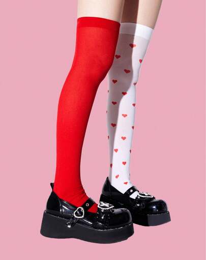 Kawaii 1 Coppia Di Calze Sopra Il Ginocchio Da Donna Con Motivo A Cuori E Quadri