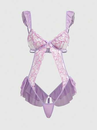 Kawaii Mono sexy con aros, bordado de corazón y ribete de encaje, estilo muñeca, para el Día de San Valentín