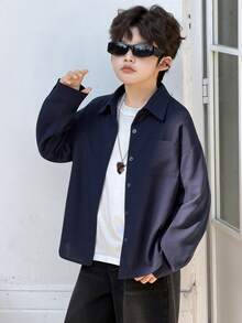 DAZY Tween Boy Casual Solid Color Front Button Long Sleeve Shirt, Autumn Spring - Navy Blue - View 5