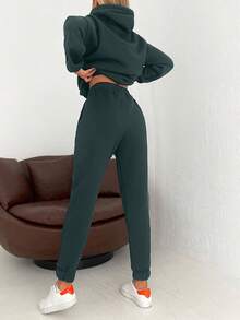 Cotton Solid Drawstring Hoodie & Sweatpants - Army Green - View 2