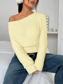 SHEIN EZwear 新款简约柔软可爱浅黄色毛衣，女士纯色不对称领休闲长袖套头衫，适合外出、万圣节、圣诞节和其他秋季场合。 - Butter Yellow - 查看 6