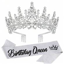 2pcs/Set Birthday Sash Birthday Crown Number Princess Crown Queen Tiara Rhinestone Birthday Headbands Birthday Sash With Pin Happy Birthday Crown And Sash Ribbon For Birthday Party Ball Decoration,Christmas - Multicolor - View 6