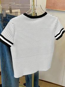 Resyla 女士加大码曲线爱心印花宽松休闲撞色条纹圆领T恤上衣情人节T恤