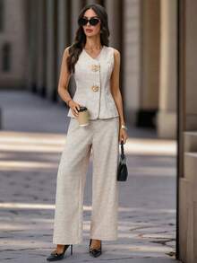Editum 女款優雅兩件套，米色無袖背心外套，花卉金屬扣V領開襟衫與直筒長褲，秋季職場辦公套裝，卡其色粗花呢 - 卡其色 - 查看 9