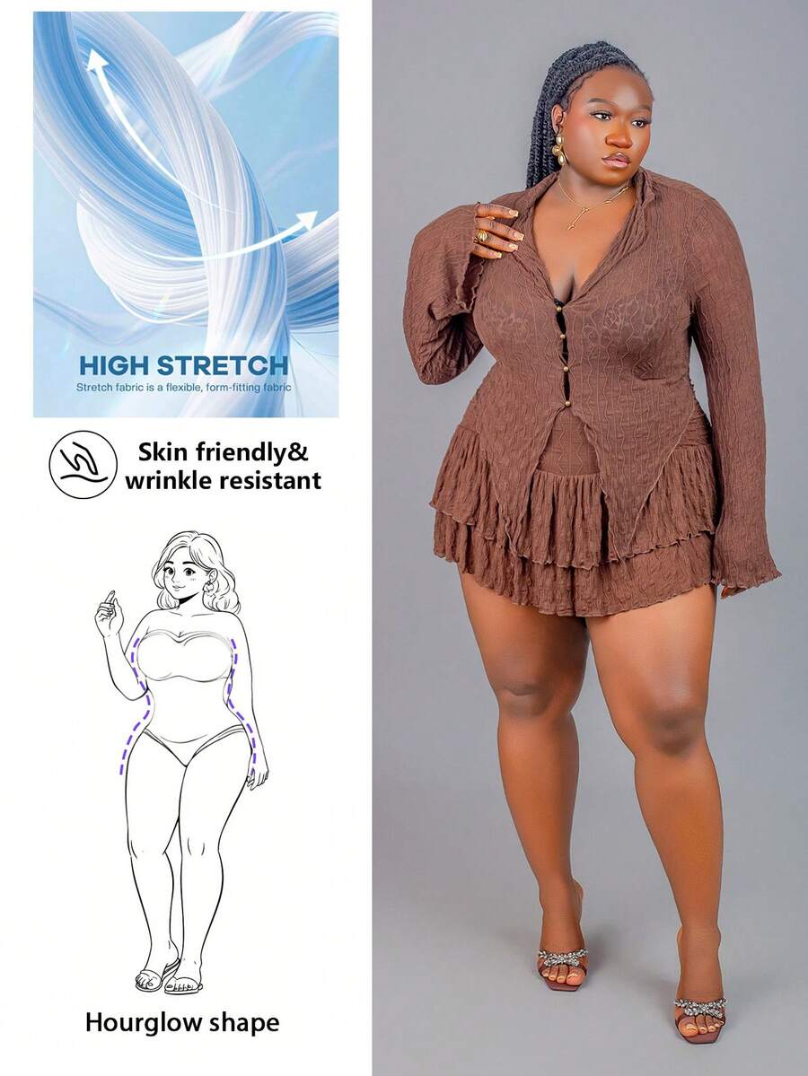 CurvyTilda Plus Size Casual Fitted Long Sleeve Top And Skirt 2 Pieces Set, Suitable For Autumn Brown 2 Pieces Set Crinkle 2 Pieces Set,Fall Clothes For Women, For Hourglass Body Shape - Coffee Brown - View 1