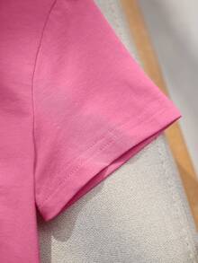 Blippi X SHEIN Áo thun ngắn tay in hình chữ cái và nhân vật hoạt hình, thích hợp mặc hàng ngày đi làm, đa năng, phù hợp cho bé gái. - Hồng - Xem 8