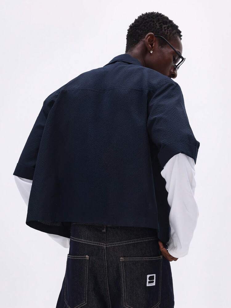 Crop Fit Short Sleeve Textured Button Down Shirt