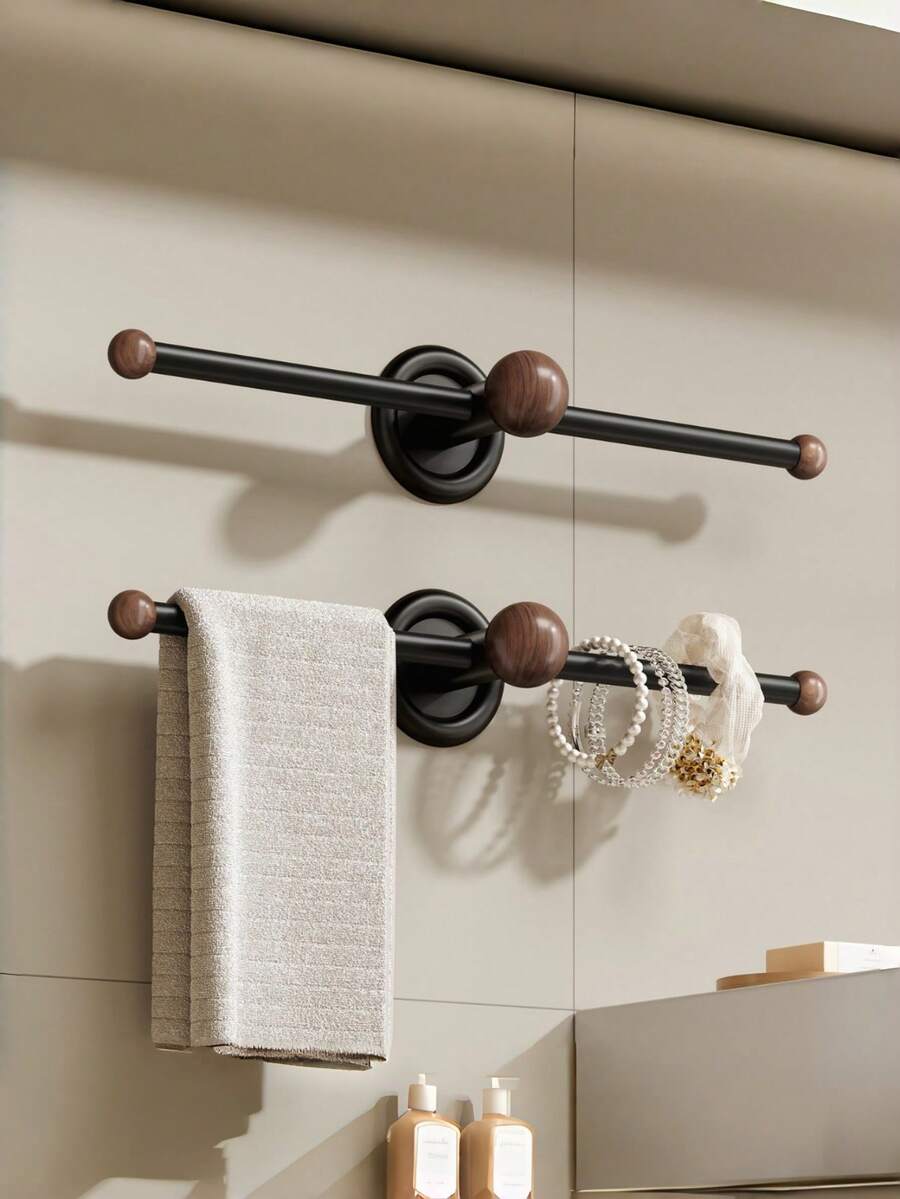 Cirelle Giá treo tường - Chất liệu kim loại đen phối gỗ, thiết kế để đựng khăn tắm và trang sức, không cần khoan, tiết kiệm không gian, lý tưởng cho phòng tắm và lối vào. - Nhiều màu - Xem 1