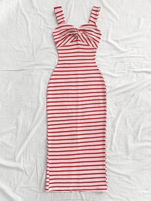 Soleia Women's Summer Fashion Vacation Style Contrast Color Striped Pattern Twist Front Split Hem Fitted Mid-Length Dress,Women's Dresses - Red and White - View 5