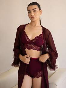 Andrea Bello 3pcs Lace Splice Sexy Camisole Shorts + 3D Trim Wide Sleeve Mesh Robe Set - Maroon - View 3
