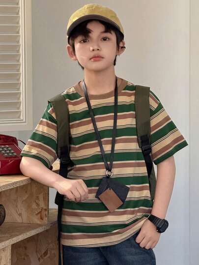 DAZY Camiseta holgada de manga corta con estampado de rayas de contraste para niño preadolescente, ideal para uso casual y diario en primavera