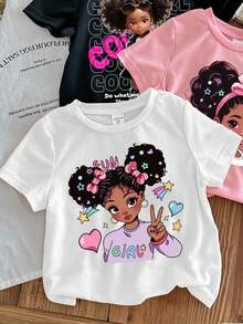 3pcs Young Girl Cartoon Pattern Solid Color Round Neck Short Sleeve T-Shirt, Casual Summer Girl Graphic Tees 4t Princess Shirts - Multicolor - View 3
